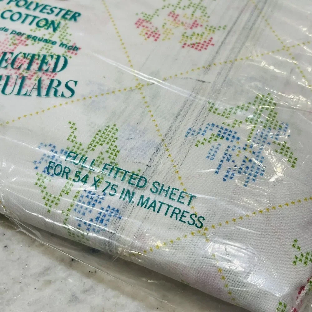 Vtg West Point Pepperell Full Fitted Sheet Floral cross stitch no Iron Muslin